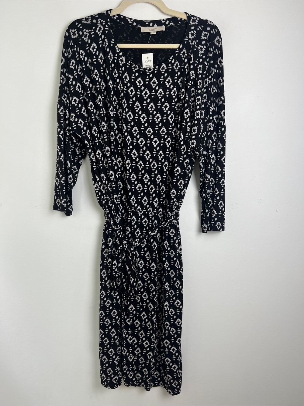 NEW LOFT XL Black White Geometric Print Long Sleeve Elastic Waist Dress